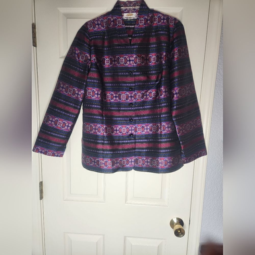 TALBOTS 12 Black Blue PurpleMetalic StripedSILK Lngslv ButtonUp Women's Cardigan